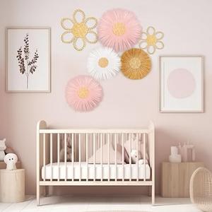 Soaoo 6 Pcs Boho Nursery Decor for Girl Daisy Flower Woven Macrame Wall Hanging Bohemian Nursery Wall Decor Flowers for Baby Girls Kids Dorm(Pink, White, Beige)