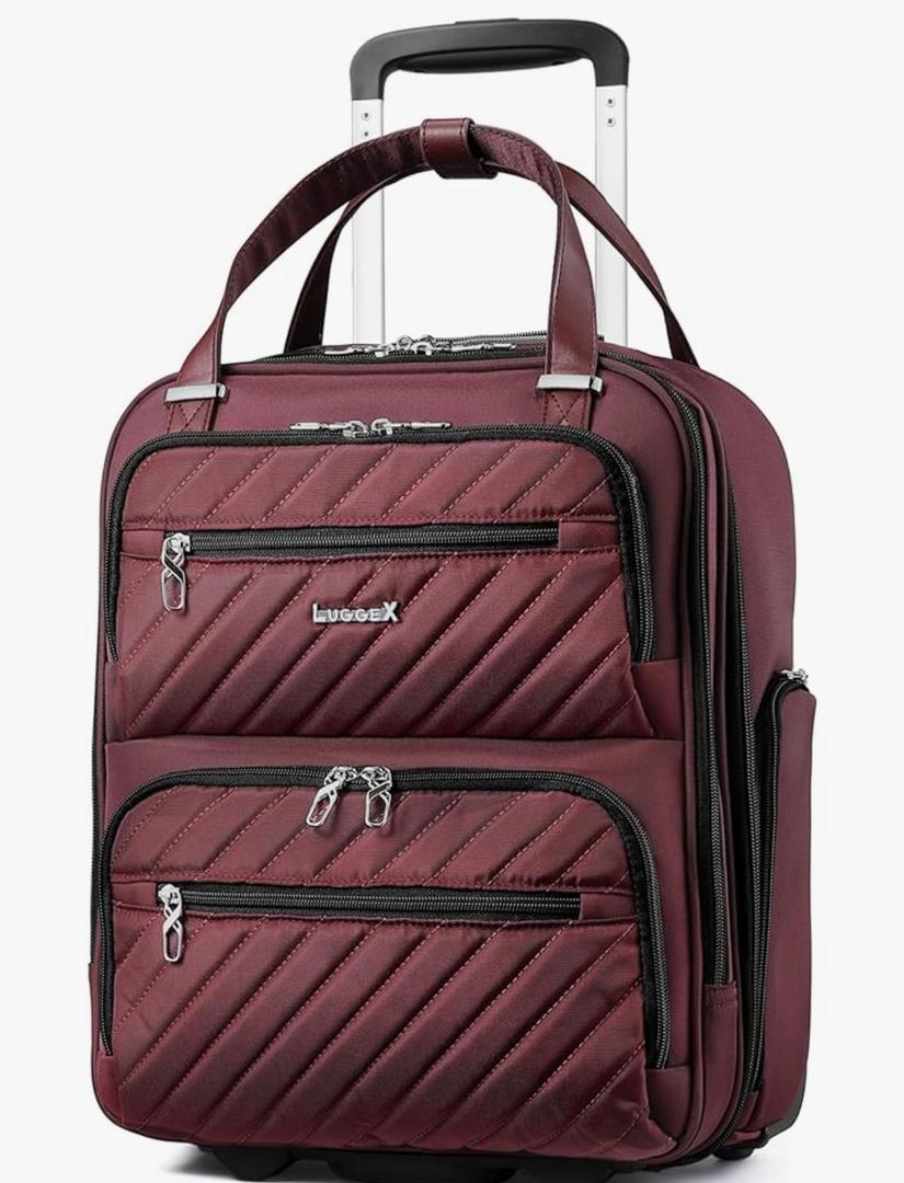LUGGEX Underseat Carry On Luggage with Wheels, Stylish Lightweight Under Seat Luggage, Soft Sided Personal Item Suitcase for Short Trip (Dark Scarlet, 16 Inch)