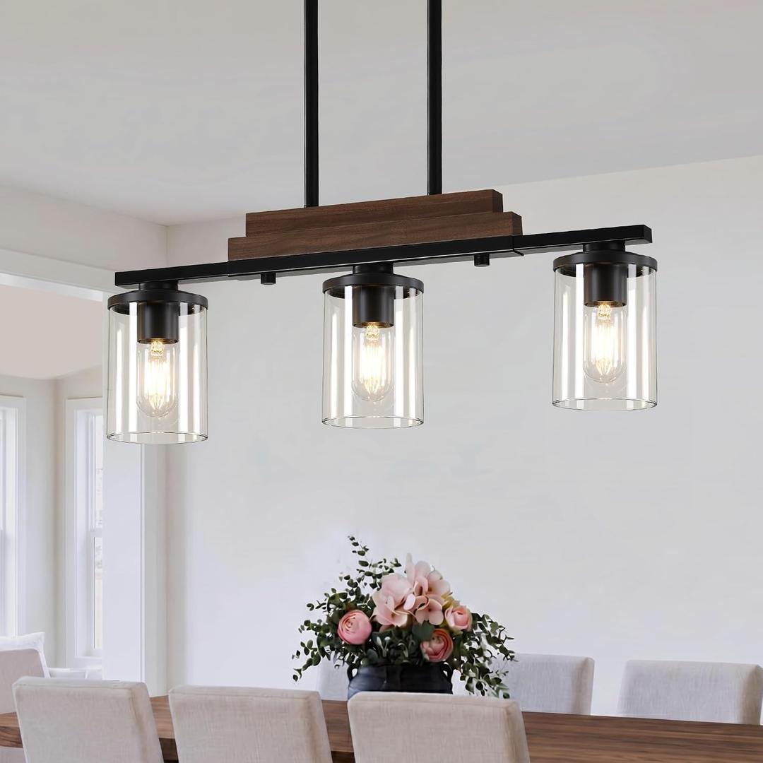 3-Light Kitchen Chandeliers Over Table, Farmhouse Chandeliers for Dining Room, Black Linear Chandelier with Clear Glass Shades, Modern Rustic Wood Dining Room Light Fixture, with Adjustable Height