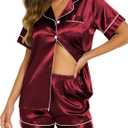 Ekouaer Silk Pajamas for Women Short Sleeve Sleepwear Soft Button Down Loungewear 2 Piece Satin Pjs Shorts Set (X-Large, Wine)