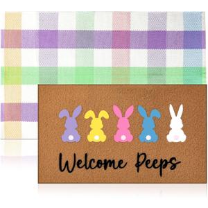 Duraaamo 2 Pcs Easter Coir Doormat Outdoor Rug Bunny Rabbits Welcome Door Mat Layered Buffalo Plaid Colorful Checkered Rug Coir Easter Mat for Outdoor Front Porch Entryway Decor
