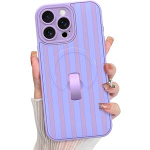 KANGHAR Compatible with iPhone 15 Pro Case, Support for MagSafe, Silicone Stripes Cute Pattern, Wristband Kickstand Camera Protection Soft Slim Cover for Girls Women -Purple