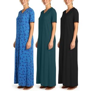 Real Essentials 3 Pack: Women's Soft Maxi Long Nightshirt Short Sleeve Soft Nightgown Sleep Dress (Large)