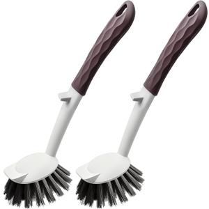 2 x Dish Brush, 2 Pack with Comfortable Handle, with Built-in Scraper, Scrub Brush with Medium Firm bristles for Cleaning Dishes, Sink, Pots (Brown)