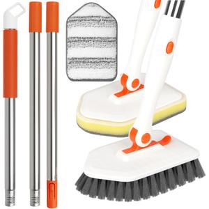 Long Handled Scrub Brush for Shower3-in-1 Cleaning Brushes with 3 Different Function Cleaning Heads Brush for Shower Cleaning Bathroom Kitchen Walls Tub Tile (Orange)
