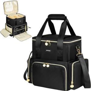 Extra Large Makeup Bag with 3 Removable Cases, Double Layers Travel Cosmetic Storage Organizer Bag with Detachable Dividers, Black (EXP 08/07/26)
