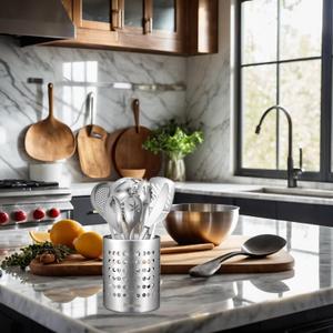 Round SUS304 Stainless Steel Utensil Holder - Silver Caddy & Organizer for Drying Cooking Spoons, Spatulas, and Silverware - Essential Kitchen Container for Countertop(3.94inch Tall)