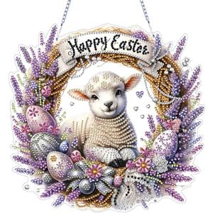 VODAPYC Easter Diamond Art Hanging Kits for Adults, DIY Double Sided Partial Special Shaped Diamond Painting Window Pendant Ornament(Happy Easter Sheep)