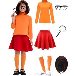 Halloween Costume for Girls - Deluxe Red Skirt Set with Wig, Magnifier Glasses, Socks & Accessories, XL(11-12Years)