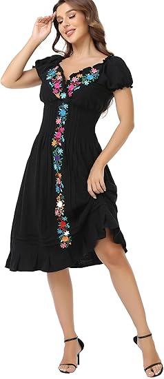 Women's Mexican Dress Embroidered Linen Dresses Casual Bohemian Floral Wedding Party Dress, Black Mediu