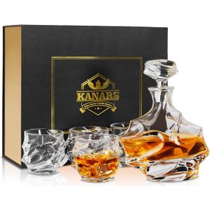 KANARS Crystal Whiskey Decanter Set, 27 Oz Emperor Decanter with Old Fashioned Glasses for Liquor Bourbon Scotch Tequila Snifter, Unique Christmas Gifts for Men Dad Grandpa Brother Adult (5 Piece Set)