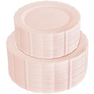 U-QE 100PCS Mauve Pink Plastic Plates - Plastic Party Plates Disposable Heavy Duty - Pink Disposable Plates for Party Including 50PCS 10.25'' Dinner & 50PCS 7.5'' Dessert