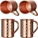 Moscow Mule Pure Copper Mugs - Set of 4 - Handmade of 100% Pure Copper -Hammered Finish-Riveted Handle