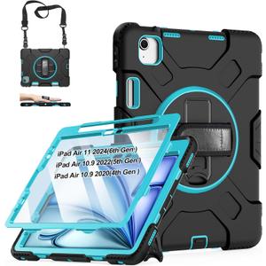 Case for iPad Air 11 M4 2026/ M3 2025/ M2 2024: Silicone Cover for iPad Air 5th & 4th Generation 10.9 Inch (2020/2022) with Screen Protector- Stand- Handle- Shoulder Strap- Pencil Holder (Black+Mint Green)