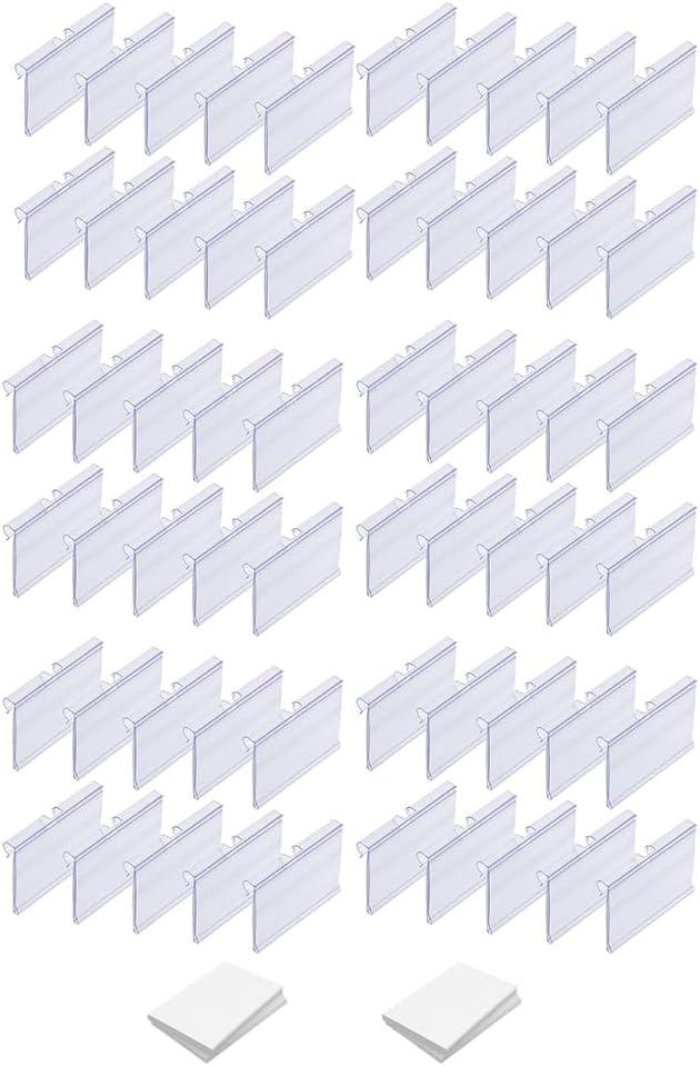 Plastic Label Holders, 60 Pack Transparent Resealable Basket Bin Labels Clip On Sign Display Holder with Paper Labels for Wire Shelf Retail Storage Bins Supermarket Shop (6x4.2cm)
