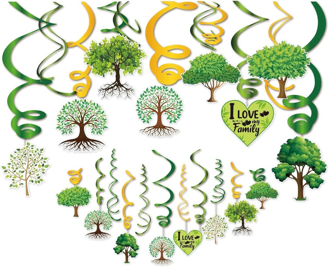 30Ct Family Reunion Hanging Swirl Decorations, Family Gathering Party Supplies, Green Family Tree Birthday Theme Decor for Kids Adults