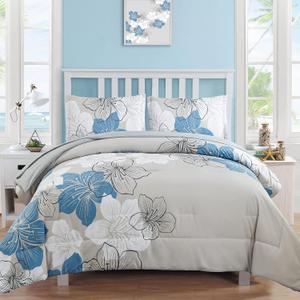Luxudecor Floral California King Size Comforter Set, 7 Pieces Blue Floral Bed in a Bag Comforter and Sheet Set, Soft Microfiber Cal King Complete Bedding Sets for All Seasons 104"96"