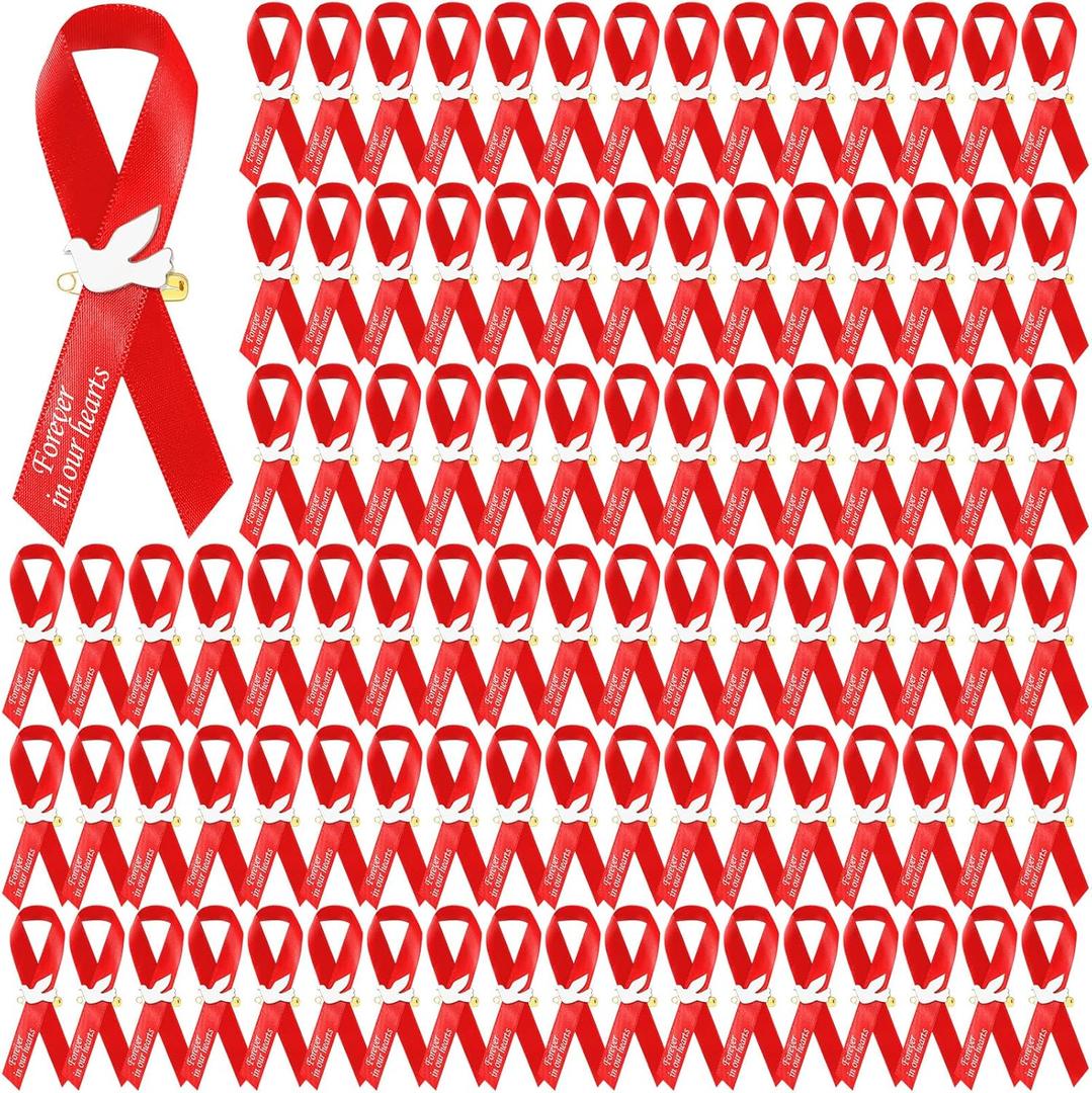 Geosar 100 Pcs Dove Funeral Memorial Ribbons Pins Memorial Service Respect Funeral Personalized Ribbon Bow with Safety Pins and White Dove for Mourning Remembrance Day Event(Red)