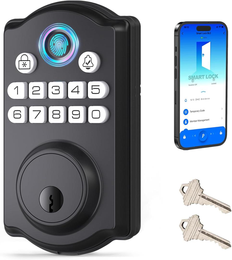 Keyless Entry Door Lock - Fingerprint Door Locks with App Control - Smart Deadbolt for Front Doors - Biometric Security, Auto-Lock&One-Touch-Lock, IP54 Waterproof, Easy Install