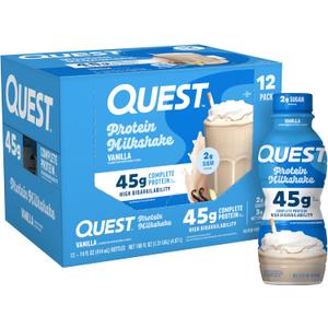 Quest Nutrition Vanilla Protein Shake, 45g Protein, 2g Sugar, 3g Net Carbs, Ready to Drink, Gluten Free, 12 Count (EXP 02/17/27)