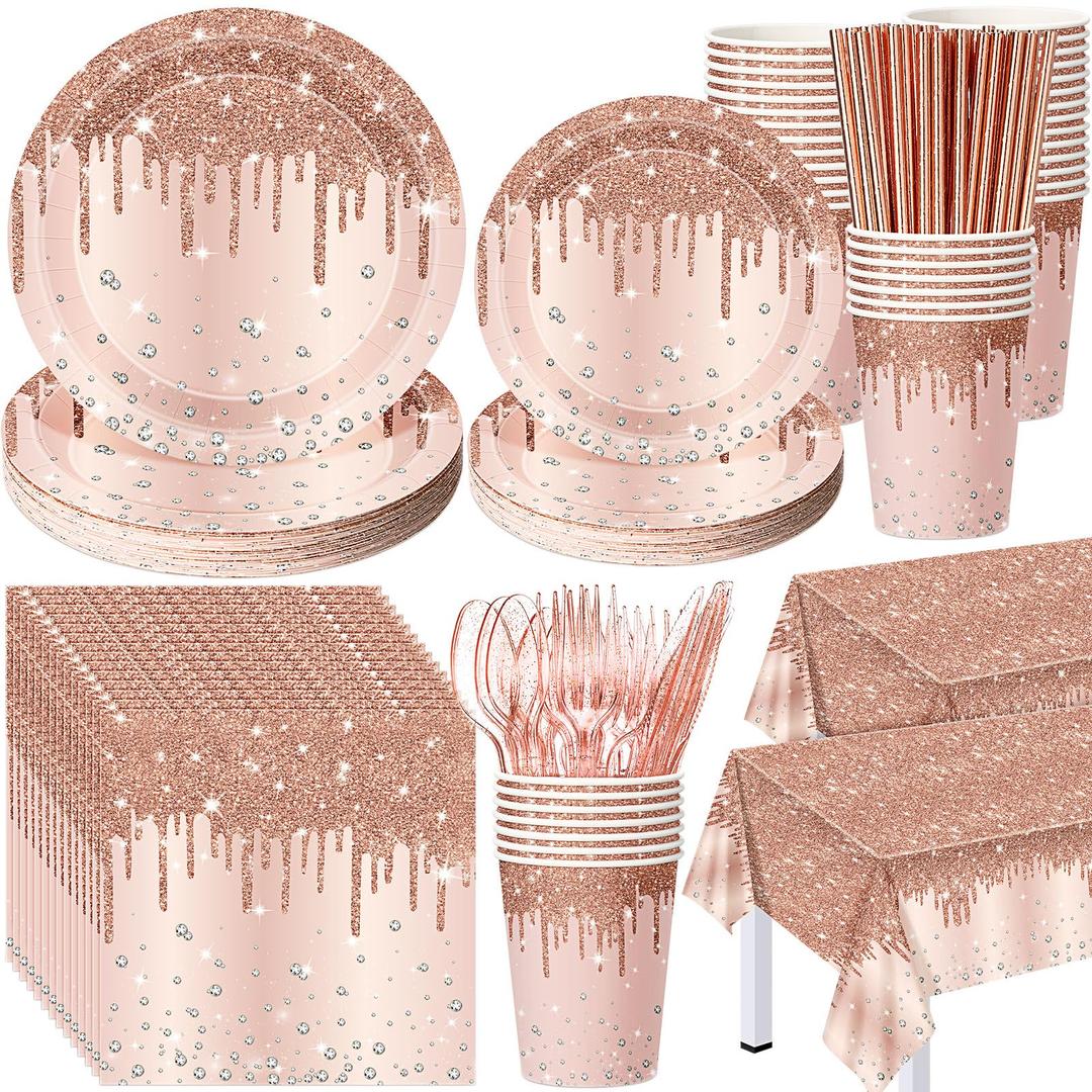 Funnymoom 452 Pcs Rose Gold Party Supplies Birthday Decorations Include Glitter Rose Gold Paper Plates and Napkins Cups Tablecloth Cutlery Straws Disposable Tableware Set for Women Birthday