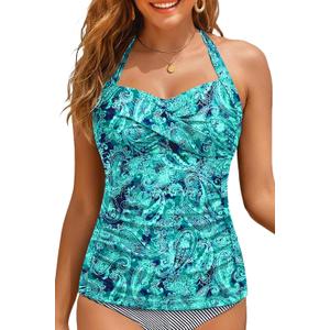 Women Tankini Bathing Suit Top - Halter Swim Tops Only Tummy Control No Bottom Swimwear (Medium, Green Paisley)