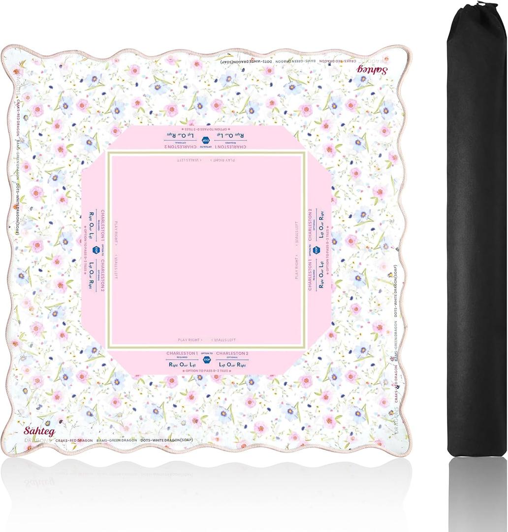 Pink Mahjong Mat (31.5” x 31.5”) with Black Carrying Bag, Anti Slip and Noise Reduction Game Table Cover with Rules for Mahjong, Poker, Board Games, Dominoes, and Card Games, Large