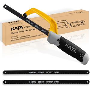 KATA Hacksaw, Compact Hand Operating Hack Saw with 10 Inch Aluminum Frame and 2 Piece Extra Flexible Bi-Metal HSS Blades, Suitable for Wood and Metal (Mini Hacksaw) (Small)