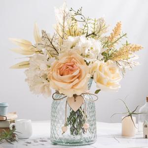 Silk Rose Flowers in Vase, Artificial Flowers Arrangement with Glass Vase Faux Hydrangea Rose for Decoration Table Centerpiece (Hydrangea Rose)