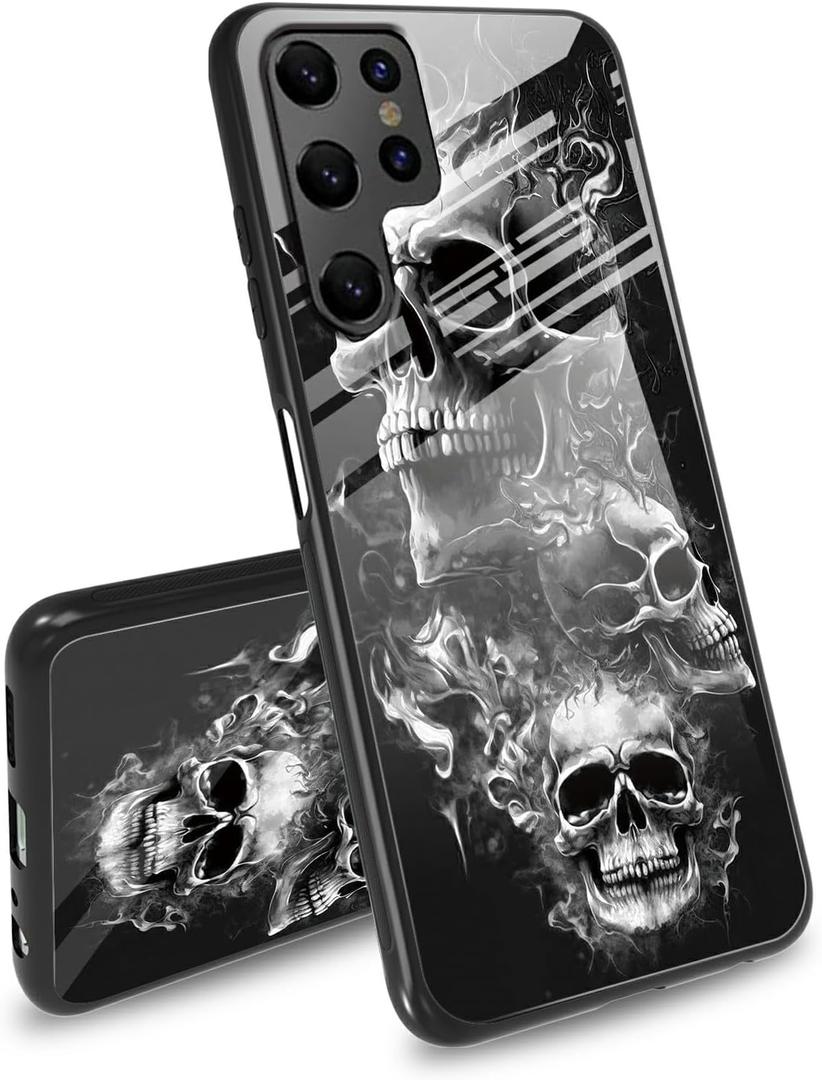 Case for Samsung Galaxy S23 Ultra,Tempered Glass Back Cover,Side Soft TPU Bumper Cutting Groove Anti-Skid Design Protective Cover for Samsung S23 Ultra,Skull