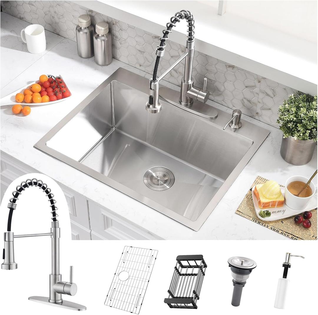 25 Inch Drop In Kitchen Sink with Faucet - 25x22 Single Bowl Kitchen Sink and Faucet Combo Set, 10 Inch Deep Modern Stainless Steel Top Mount Sink with Accessories, 25x22x10 Inch