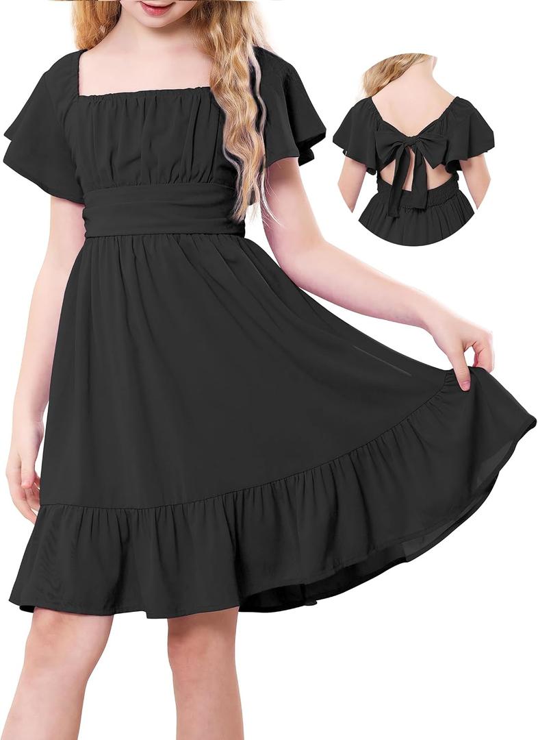 Durio Girls Summer Short Sleeve Dress Tie Back Off Shoulder Dresses for Teens Ruffle Tween Girls Dresses Size 10-11Y