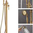 Free Standing Tub Faucet, Floor Mount Bathroom Tub Filler, Freestanding Bathtub Shower Faucets with Handheld Sprayer, Brushed Gold