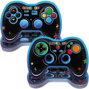 48Pcs Video Game Party Supplies Paper Plates Gaming Birthday Decorations Gamepad Shaped Disposable Plates Game On Controllers Party Tableware Dinnerware Video Gamer Theme Dessert Plate for Boys Kids (Blue)
