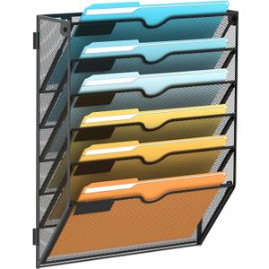 SUPEASY 6 Tier Wall File Organizer, Hanging Wall Mounted Mail Organizer with Label Slots, Metal Mesh File Holder Magazine Rack for Office, Home, School or Classroom, Black