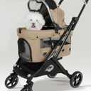 JK Pawadore 4 Wheels Pet Stroller Best Lightweight Foldable Portable Secure Easy Lock NO-Zip 180 ̊ Canopy Sun Shades Waterproof for Small/Medium Dogs 33lbs with Large Storage Basket (Khaki)