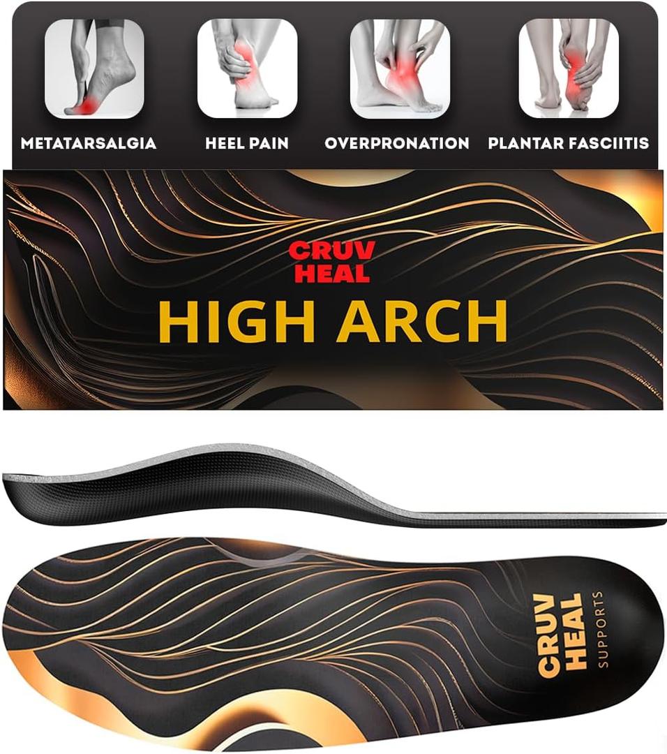 CRUVHEAL High Arch Support Inserts Men Women - Plantar Fasciitis - Comfort for Foot Pain Relief - Anti-Fatigue - Orthotic Shoe Insoles (XL, Black)