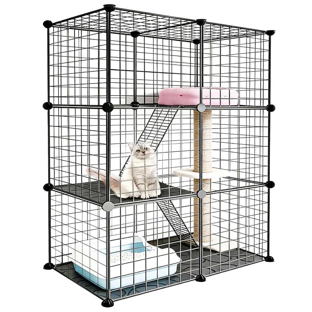 DIY Modular Cat Enclosure 3x3x2 Grid | Extra Large Indoor Cat Playpen | Foldable Black Wire Metal Cat Cage with Multi-Level Shelves | Approx. (43.7" x 29.5" x 43.3")