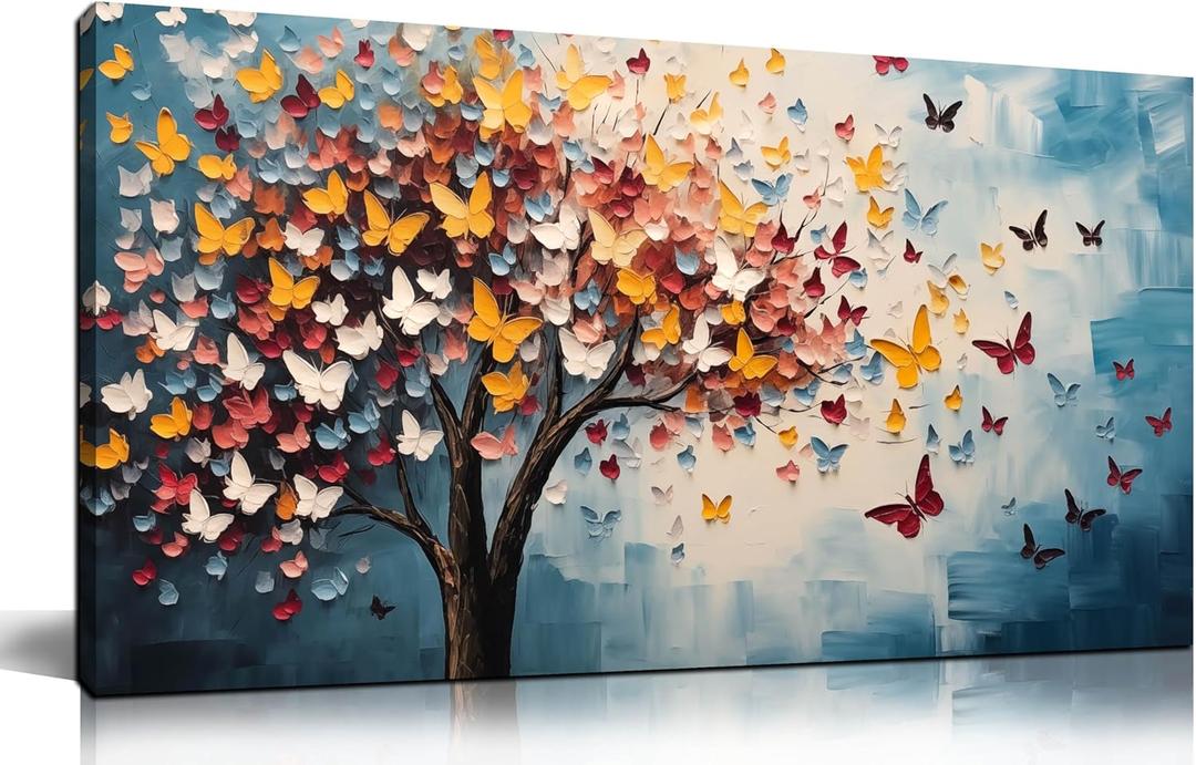 Butterfly Tree Canvas Wall Art for Living Room Bedroom Home Office Blue Colorful Tree of Life Wall Art Modern Large Framed Canvas Prints Size 20x40