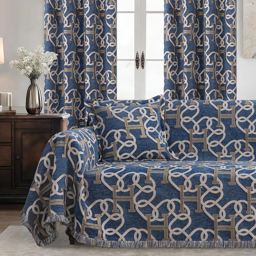 Modern Letter H Couch Cover for Sofa, Luxury Chain Patterns Jacquard Chenille Sofa Cover for Dogs, Soft Sofa Slipcovers Furniture Protector with Fringe for Pet, Cats(71x118, Blue)