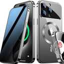 [Full Camera Protection& Mechanical Lock] Magnetic Privacy Case for iPhone 15 Pro Max[Compatible with MagSafe] [CD Metal Ring] Full Body Metal Bumper, 9H Anti Peeping Glass Cover-Grey