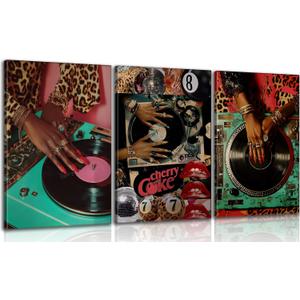 3Pcs Trendy Black Woman Wall Art Fashion Black Girl Leopard Picture Wall Decor Vintage Music DJ Record Aesthetic Poster African American y2k Art Painting Canvas Prints Artwork for Living Room Bedroom, 24L''x16W''-Canvas