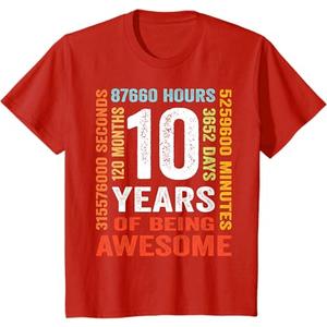 10 Years Old 10th Birthday Gift Vintage Retro 120 Months T-Shirt (Red, M)