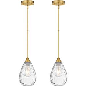 Brushed Gold Pendant Lights Kitchen Island 2 Pack, Modern Glass Pendant Light Fixtures with Hammered Glass and Rods, Adjustable Brass Hanging Light for Kitchen Sink Dining Room Bathroom