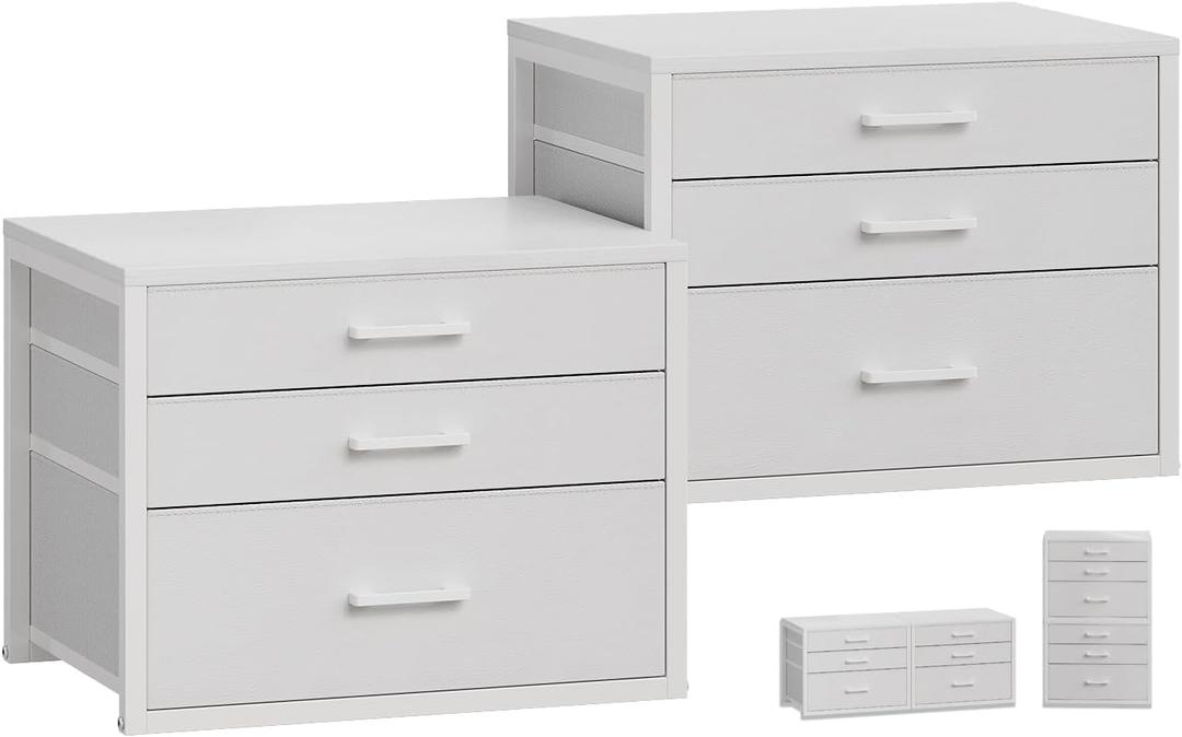 Closet Drawers Set of 2, White Closet Organizer with 3 Fabric Drawers, Stackable Storage Drawers for Closet, Bedroom, Dorm (White)