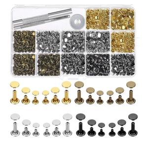 Selizo 480 Sets Small Double Cap Leather Rivets 4 Colors 3 Sizes (Cap Diameter: 6mm/8mm/8mm) Tubular Metal Studs with 3 Pieces Setting Tool Kit for Leather Craft Repairs Decoration