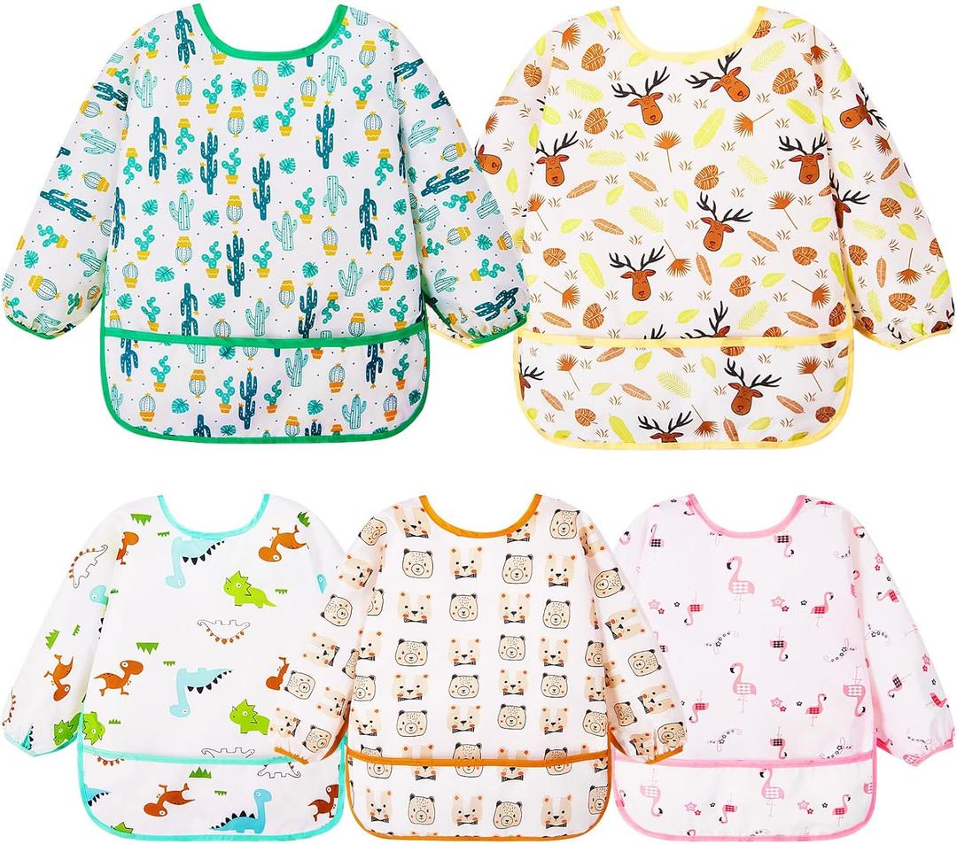 Lictin Long Sleeve Bibs 5 Pack - Baby Bibs for Girl or Boy, Reusable Infant for Feeding Teething or Weaning (S(0-2 years)
