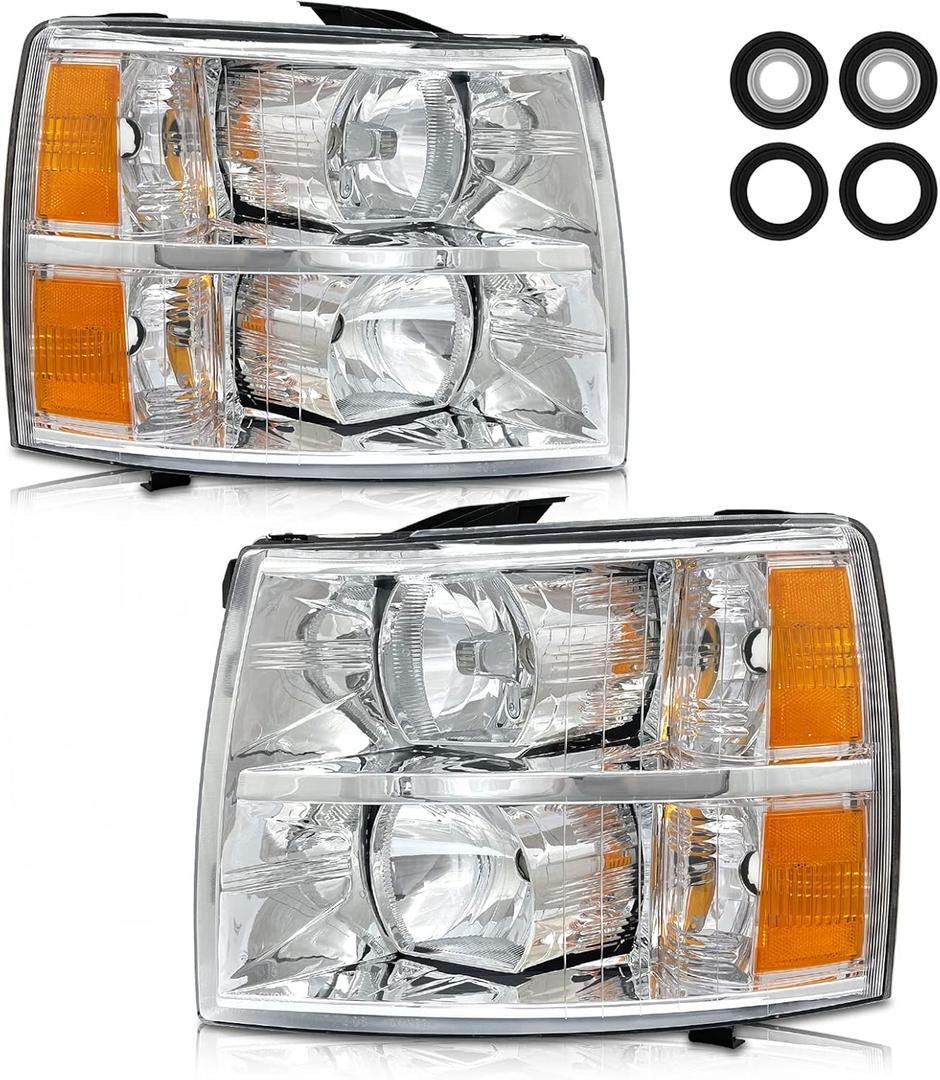 AS Headlight Assembly for 2007-2013 Chevy Silverado 1500/2007 2008 2009 2010 2011 2012 2013 2014 Chevy Silverado 2500HD 3500HD Chrome Housing Amber Reflector Replacement Pair