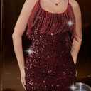 Women's Sparkling Sequin Fringe Mini Dress Party Clubwear Sleeveless Spaghetti Strap Bodycon Dress (L)