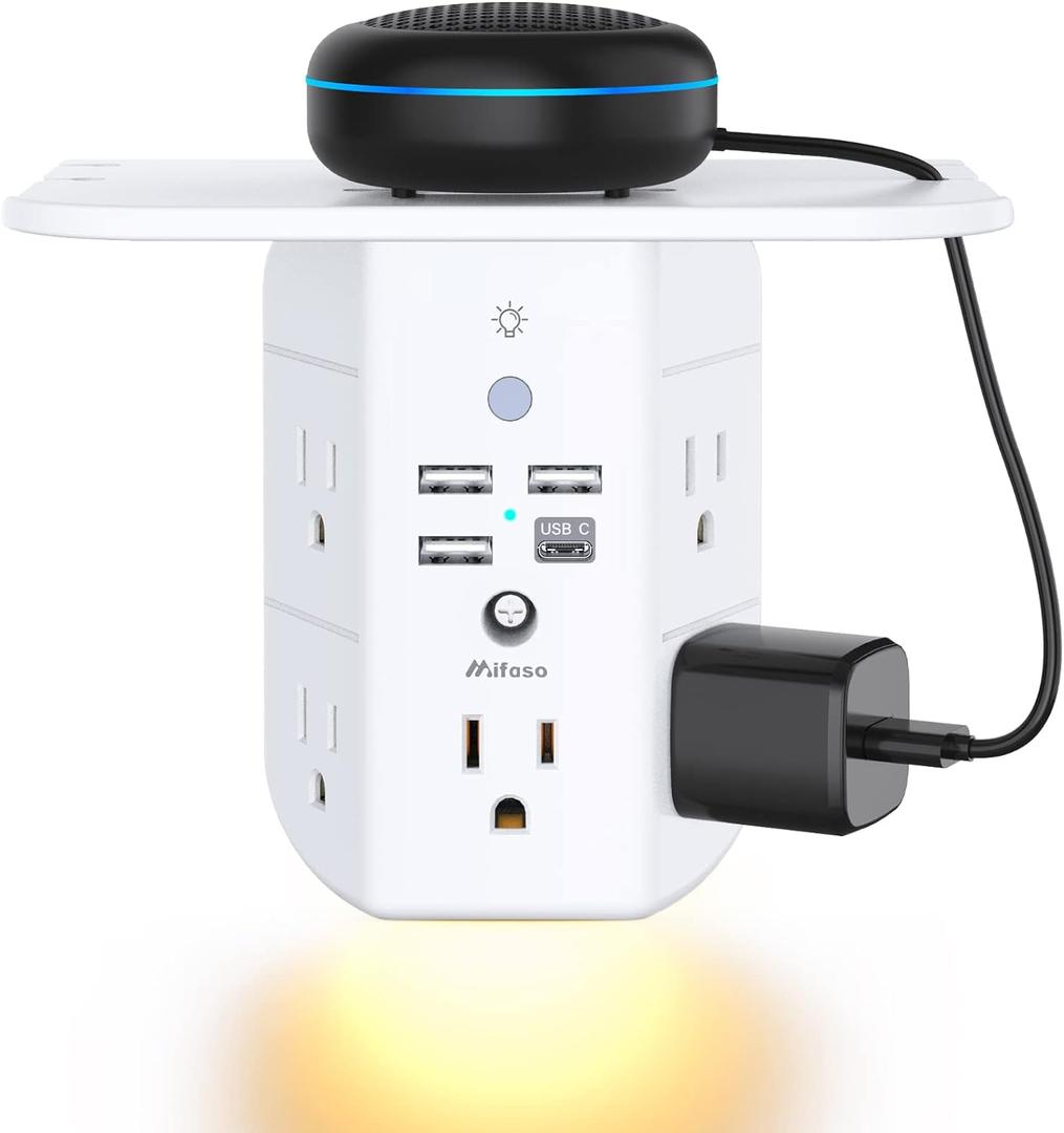 Wall Outlet Extender with Shelf and Night Light,Surge Protector,USB Wall Charger with 5 AC Outlets and 3 USB Ports 1 USB C Outlet Wide Space 3-Sided Power Strip Multi Plug Outlets (White)